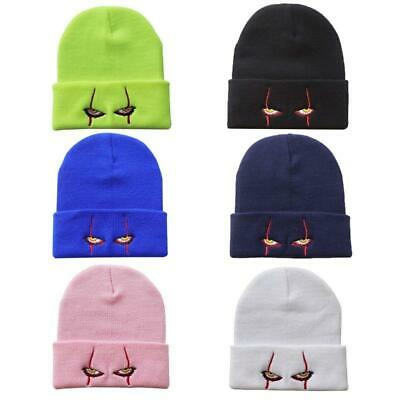 #ad Unisex Winter Knit Beanie Hat Scary Clown Eyes Embroidery Halloween Skull Cap $10.42