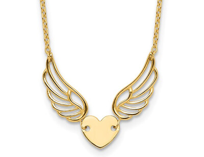 #ad 14K Yellow Heart with Wings Charm Pendant Necklace with Chain 17 inches $399.00