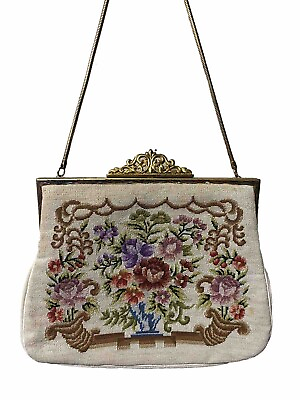 #ad ANTIQUE Vintage 1950s Floral Needlepoint PETIT POINT French Style Purse Handbag $25.00