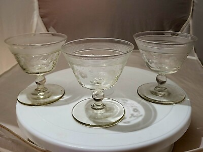 #ad 4 Vtg Floral w Banded Rings Elegant Etched Low Sherbet Dessert Glasses $26.00