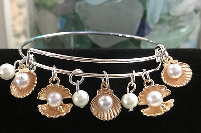 #ad Sea shells Oyster Clam pearls Ocean Rose Gold charm Expandable Bangle Bracelet $4.99