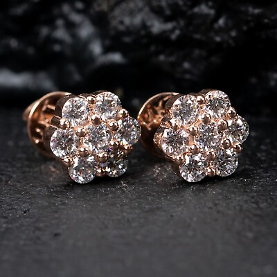 #ad Flower Cluster 14K Rose Gold 0.97Ct VVS Lab Grown Diamond Screw Back Earrings $780.99
