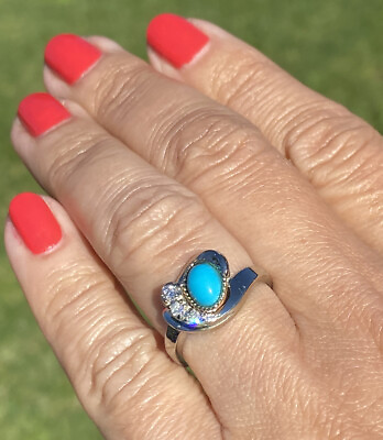 #ad Blue Turquoise Cabochon Diamond 10K White Gold Asymmetric Vintage Ring Size 6 $750.00