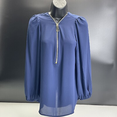 #ad Womens Premise Studio Small Blue Top Gold Front Zipper 3 4 Sleeve NWT $58 MSRP $11.48
