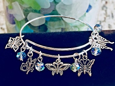 #ad Butterfly 5 Beautiful Charms amp; Rainbow Beads Silver Expandable Bangle Bracelet $5.75