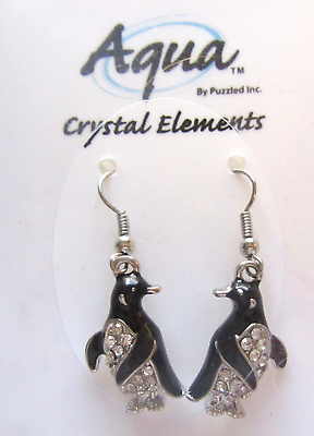 #ad Fashion Earrings PENGUINS Crystal Elements black clear crystals french wire $7.99