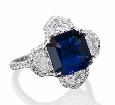#ad Asscher Cut Royal Blue 4.55CT Sapphire With Genuine Fancy Cut CZ Flower Ring $210.00
