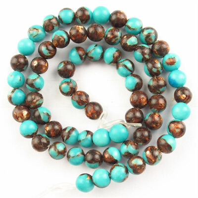 #ad 6mm Blue Turquoise Gold Copper Round Ball Loose Beads 15.5quot; B62542 $14.93