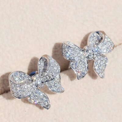 #ad 925 Silver Butterfly Bow Knot Zircon Earrings Ear Stud Women Wedding Jewellery C $3.04