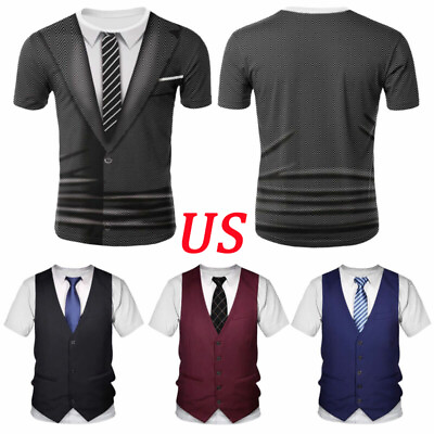 #ad US Mens 3D Printed Casual Shirt Tuxedo Top Funny Fake Suit Vest T Shirts Blouse $11.52