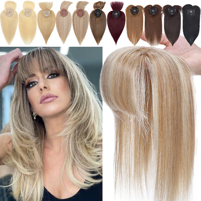#ad 100% Remy Human Hair Topper Women Hairpiece Clip In Top MONO Toupee With Bangs $79.44