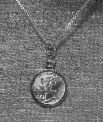 #ad Coin Pendant Silver VINTAGE MERCURY DIME Bezel Sterling Silver Plated 18” Chain $19.95