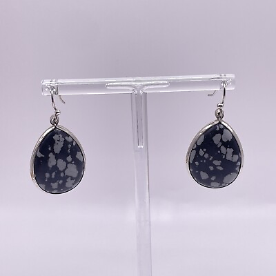 #ad Pierced Earrings Dangle Drop Silver tone Black Gray Spotted Teardrop Jewelry 1quot; $3.99