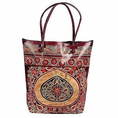 #ad Leather Tote Bag India Shantiniketan Shopping Bag Handmade Women Painted Large $49.99