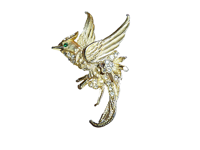 #ad Vintage Bird Rhinestone Brooch Pin Green Eye Clear Gold Tone $11.72