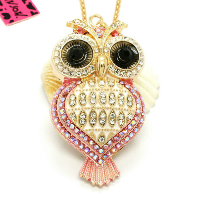 #ad Hot Pink Rhinestone Heart Owl Crystal Pendant Fashion Women Chain Necklace $3.95