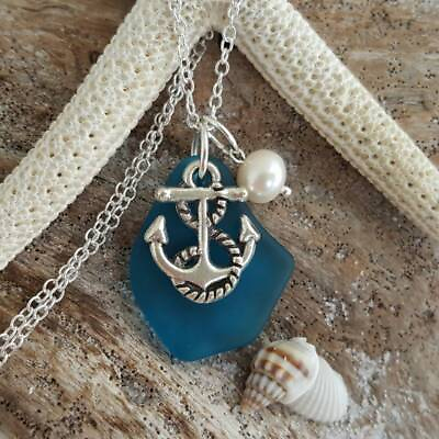 #ad Hawaiian Jewelry Sea Glass Necklace Teal Handmade Necklace Pearl Anchor $27.98