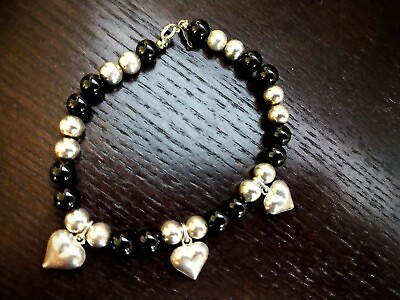 #ad Lovely amp; Cute Bracelet w Black Onyx amp; Silver beads Hearts Sterling Silver $36.00