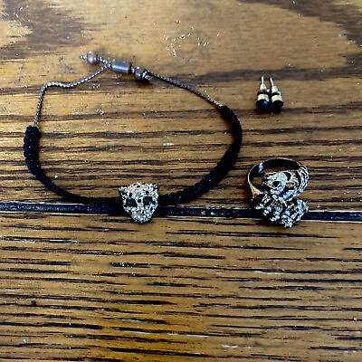 #ad jewled Tiger animal pull bracelet 4” 9” ring sz7 black stone earrings $2.00