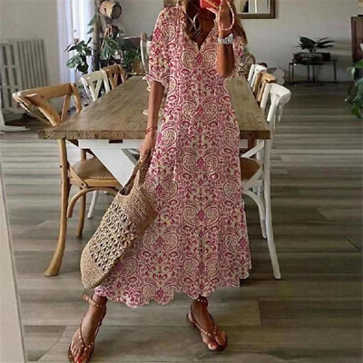 #ad Womens Boho Lace V Neck Long Maxi Dress Ladies Casual Summer Holiday Sundress $25.68