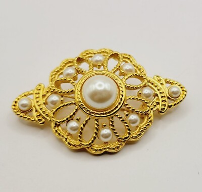 #ad Victorian Brooch Gold tone Faux Pearl Floral Vintage Ornate $14.40