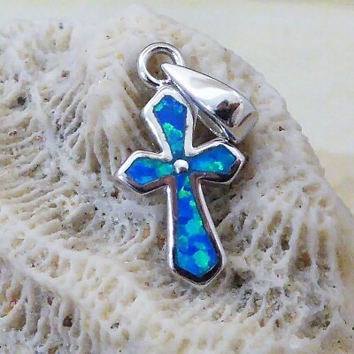 #ad REAL STERLING SILVER CROSS PENDANT WITH BLUE OPAL INLAY $18.00