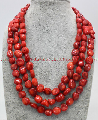 #ad 3 Rows Natural 8x10mm South Sea Irregular Red Coral Beads Necklace 18 20quot; $13.99