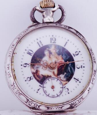#ad Antique Pocket Watch French Silver Hand Engraved Fancy Enamel Dial c1890#x27;s $773.25