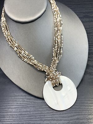 #ad Mother Of Pearl Pendant Pearl gold glass seed bead multi Chain Necklace 16 18” $24.20