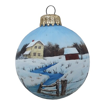 #ad Christmas Tree Ornament Ball Signed Joyce Drake 1986 Winter Landscape Stream $16.99