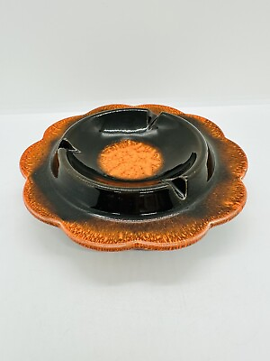#ad Vintage MCM Round California Pottery Ashtray Orange Drip Glaze 7in $9.00