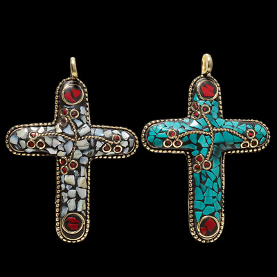 #ad PEARL WITH SANTA TURQUOISE GEMSTONE NEPALI GOLD PLATED 2 PIC CROSS PENDANT 3.1quot; $17.99