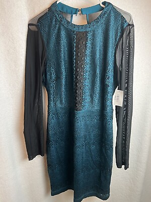 #ad New GUESS Dress Lace Women’s Size 12 Black Teal Dress 10% Spandex Sheer Sleeves $24.99