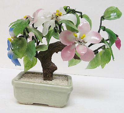 #ad Vtg Chinese Oriental Asia Bonsai Tree Jade Agate Glass Signed Floral Sculpture $98.90