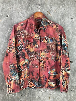 #ad Chicos Design Size 1 M Orange Animal Print Linen Cotton Short Jacket $16.99