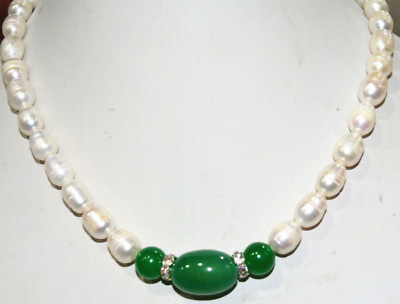 #ad Natural 9 10mm White Akoya Cultured Pearl 10x14mm Green Agate Necklace 18#x27;#x27; $10.75