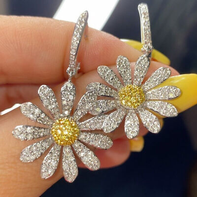 #ad Simple 925 Silver Sunflower Cubic Zirconia Drop Earrings Women Jewelry A Pair C $3.25