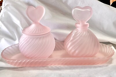 #ad VINTAGE DECO PINK FROSTED SATIN GLASS PERFUME BOTTLES AND TRAY POWDER JAR $29.00