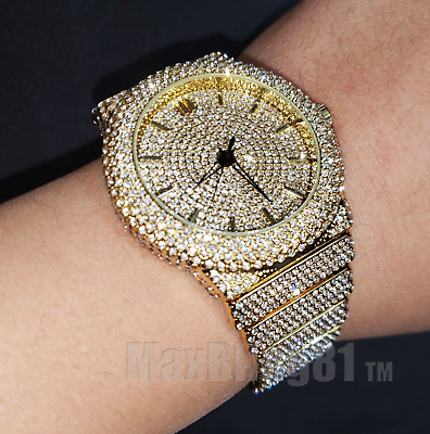 #ad Men Luxury Bling Gold Finish Simulated Diamond Bracelet Full Iced Band Watch $39.95