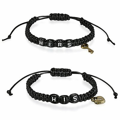#ad 2Pcs His Hers Heart Key Bracelet Braided Leather Bangle Adjustable Couple Gift $9.99