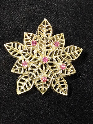 #ad Vintage Gold Tone Open Work Leaf Flower Pink Rhinestone Pin Brooch $6.99