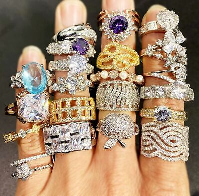 #ad Lot Zircon Crystal Ring For Women Mix Colorful Rhinestone Gem Stone Band Jewelry $119.99