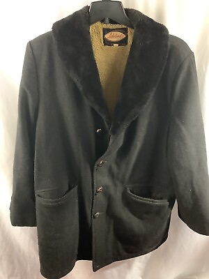 #ad Men#x27;s Vintage Lakeland Black Sherpa Lined Wool Long Winter Ranch Coat 42 Jacket $57.00