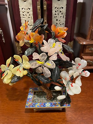#ad Vintage Beautiful jade and quartz 9” tall flower tree rare to find $99.00