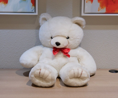 #ad Large Vintage Mark#x27;s Inc Stuffed White Teddy Bear Animal Bow Faux Fur Korea 24#x27;#x27; $59.99