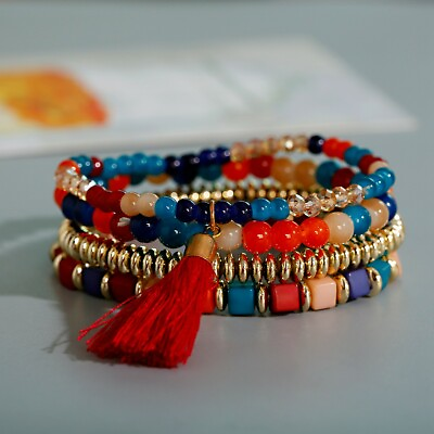 #ad Bohemian Charm Multi Layered Bracelets Women Ethnic Cube Beads Tassel Bracelets C $3.89