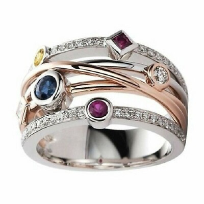 #ad 925 Sterling Silver Rhinestone Garnet Amethyst Wedding Engagement Ring Size 10 $15.74