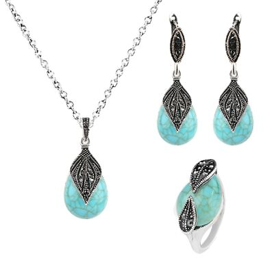 #ad Leaf Necklace Ring Earrings Natural Stone Faux Pendant Water Drop Jewelry Set $21.56