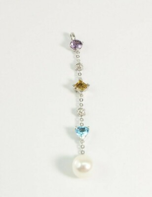 #ad 14K White Gold Drop Pendant with Pearl amp; 3 Semi Precious Gemstones 2.7 grams $161.99