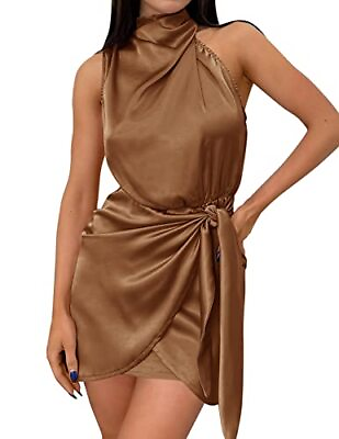 #ad Women#x27;s 2024 Fashion Satin Sleeveless Halter Neck Tie Waist Wrap Medium Brown $54.31